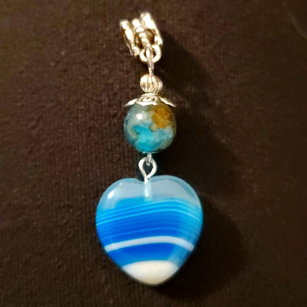 New Heart Shaped Blue Onyx Agate Silver Pendant.